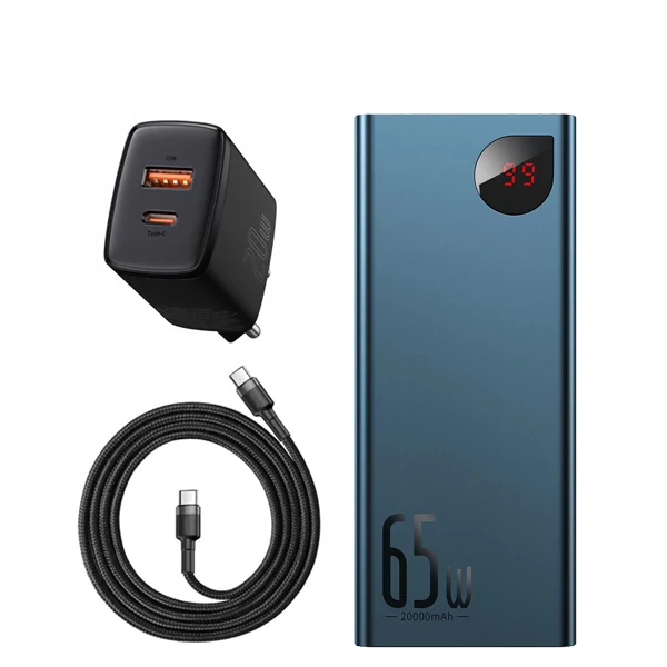 Повербанк (Power Bank) Baseus 65W 20000mAh PPIMDA-D03 Blue з підтримкою зарядки ноутбука + USB-C Type-C та адаптер ЄС