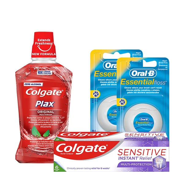 Набір Зубна паста Colgate Sensitive Instant Relief + Ополіскувач Colgate Plax Original + Зубна нитка Oral-B Essential Floss (2 шт.) ЄС
