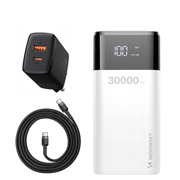 Повербанк (Power Bank) Wozinsky 20W 30000mAh WPB-001WE White + USB-C Type-C та адаптер ЄС