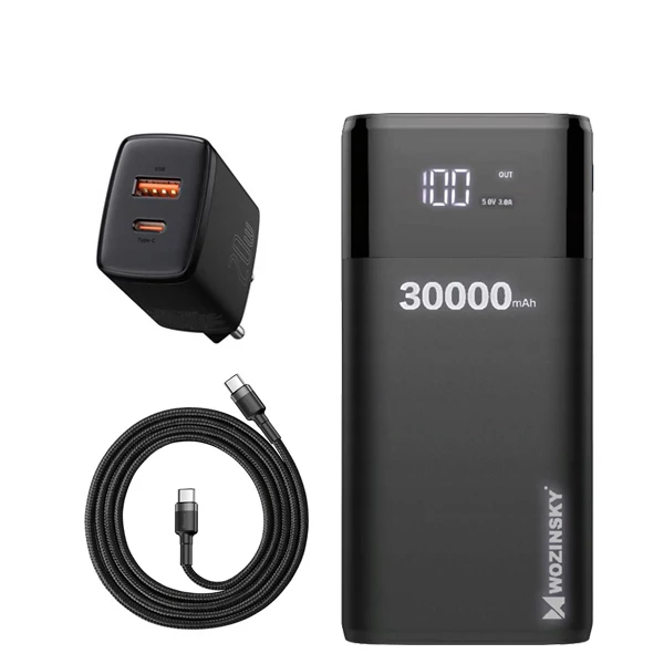 Повербанк (Power Bank) Wozinsky 20W 30000mAh WPB-001BK Black + USB-C Type-C та адаптер ЄС