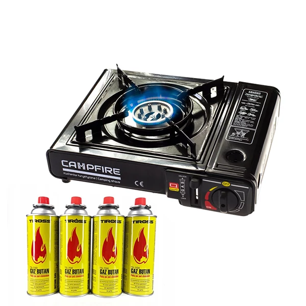 Плитка газова CAMPFIRE TAE041 із перехідником на великий балон + 4 газові балони ЄС