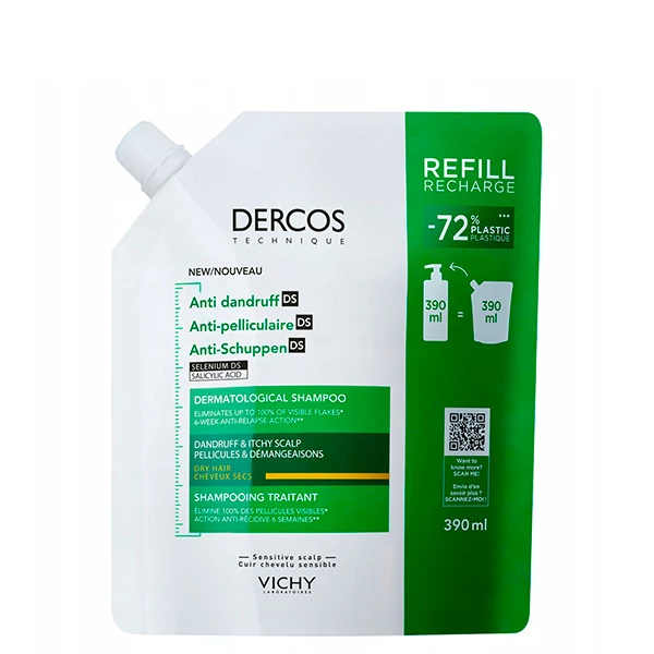 Дерматологічний шампунь Vichy Dercos проти лупи сухого волосся і подразненої та чутливої шкіри голови (390 мл.) ЄС