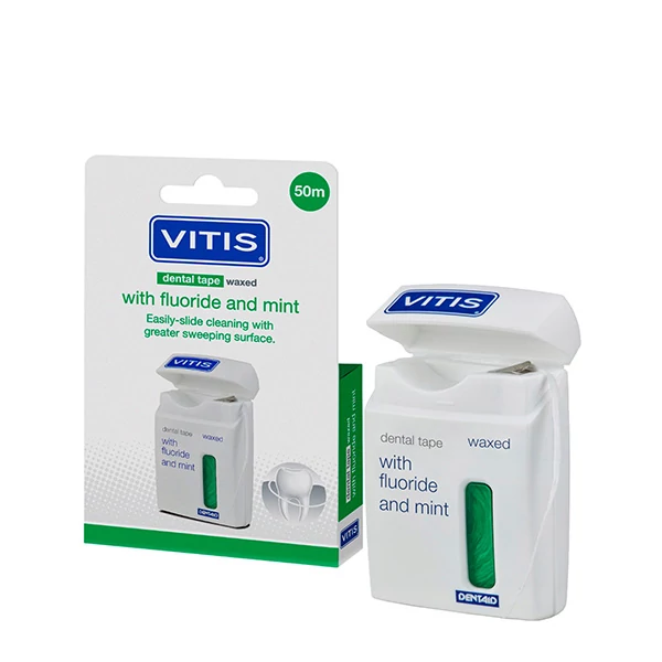 Зубна нитка Vitis Dental Tape з воском, фтором та м'ятою (50 м.)