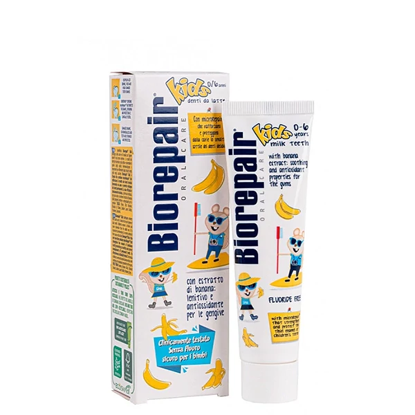 Дитяча зубна паста Biorepair Kids (0-6 років) для зміцнення та захисту молочних зубів зі смаком банана (без фтору) (50 мл.)