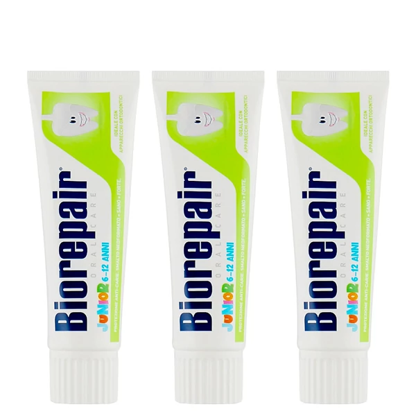 Дитяча зубна паста Biorepair Junior (6-12 років) для зміцнення та ремінералізації зі смаком м'яти (без фтору) (75 мл.) (3 шт.) ЄС