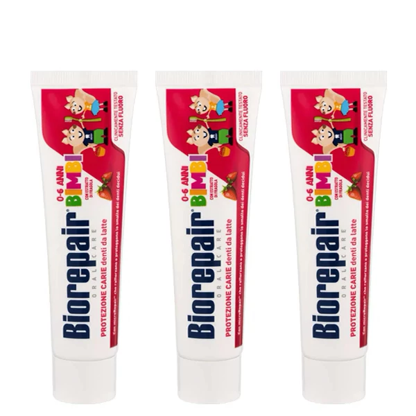 Дитяча зубна паста Biorepair Kids (0-6 років) зі смаком полуниці (без фтору) (50 мл.) (3 шт.) ЄС