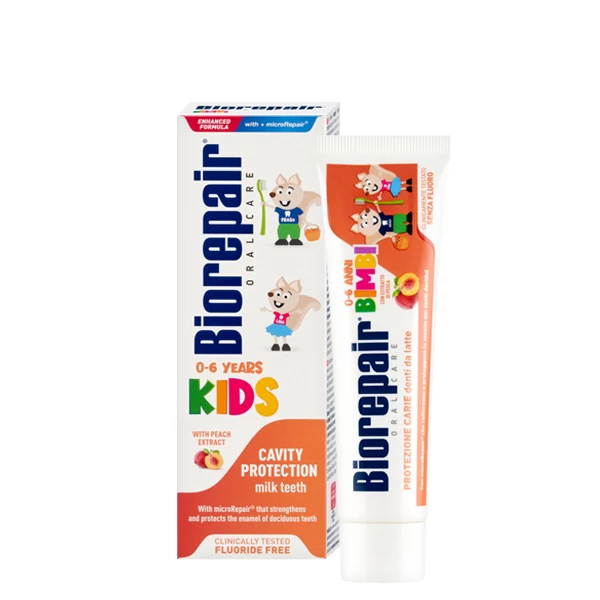 Дитяча зубна паста Biorepair Kids (0-6 років) для зміцнення та захисту молочних зубів зі смаком персика (без фтору) (50 мл.)