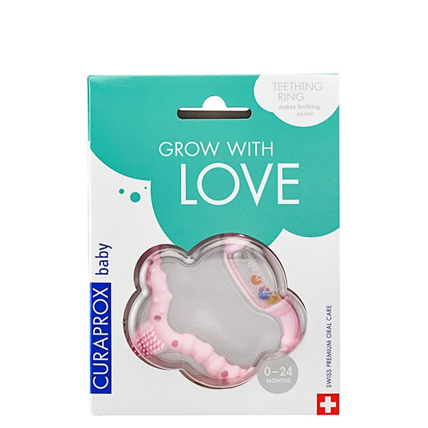 Прорізувач Curaprox Baby Pink з м'яким брязкальцем для прорізування зубів (0-24 м.) ЄС