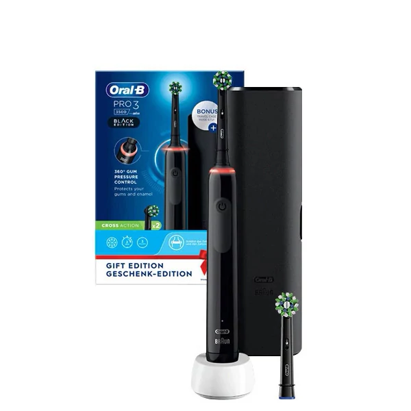 Зубна щітка Oral-B D505.523.3X PRO 3 3500 Cross Action Black (2 нас.) з футляром