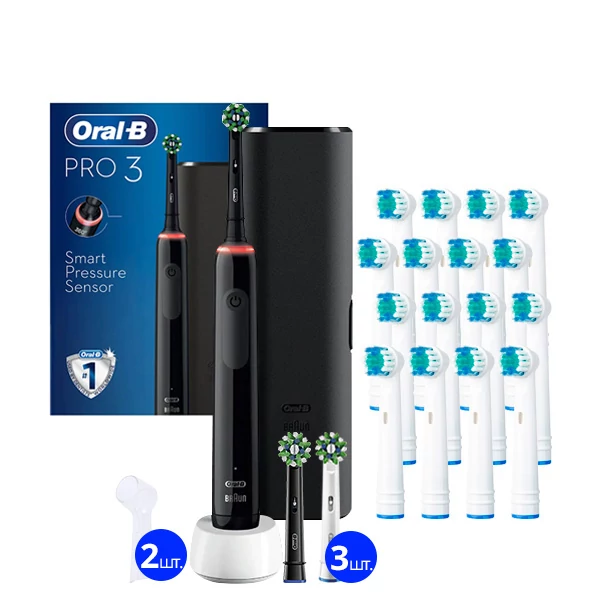 Зубна щітка Oral-B D505 PRO 3 3500 Cross Action Black з футляром (5 нас.) + 2 ковпачки