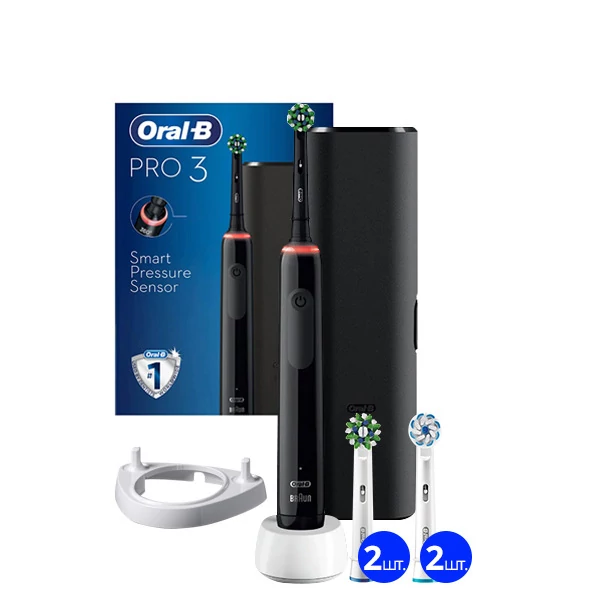 Зубна щітка Oral-B D505 PRO 3 3500 Cross Action Black з футляром (5 нас.) + ріжок