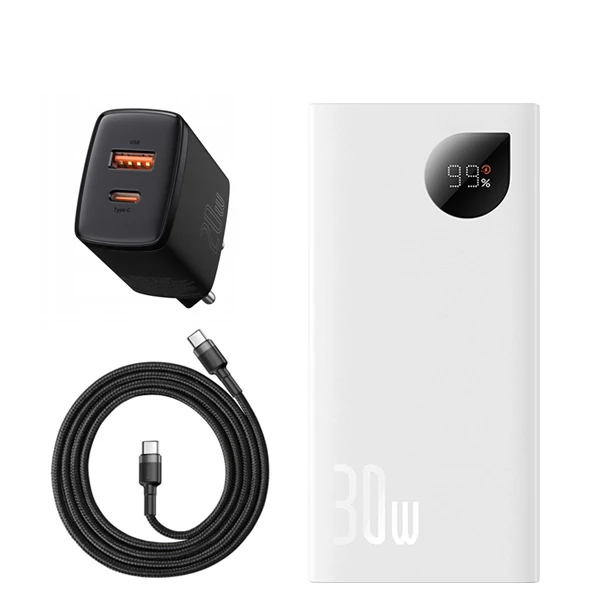 Повербанк (Power Bank) Baseus 30W 10000mAh PPAD040002 White + USB-C Type-C та адаптер ЄС